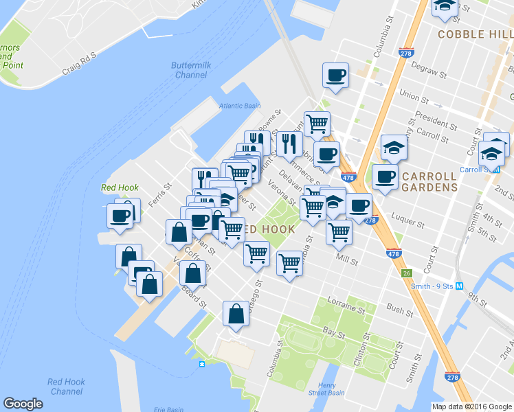 map of restaurants, bars, coffee shops, grocery stores, and more near 104 Pioneer Street in Brooklyn