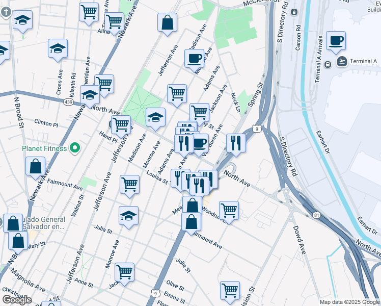 map of restaurants, bars, coffee shops, grocery stores, and more near in Elizabeth