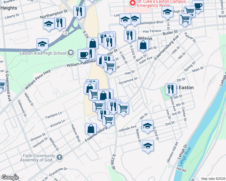 map of restaurants, bars, coffee shops, grocery stores, and more near 829 Miller Street in Easton