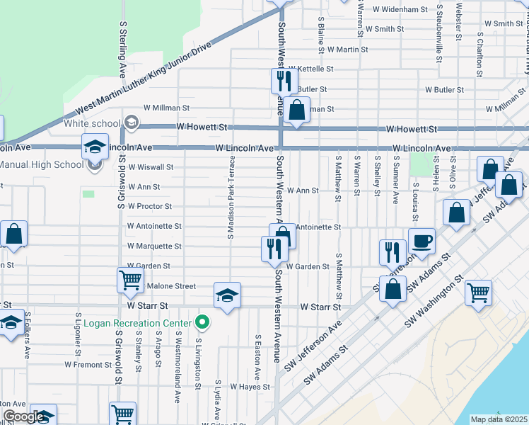 map of restaurants, bars, coffee shops, grocery stores, and more near 1902 West Proctor Street in Peoria