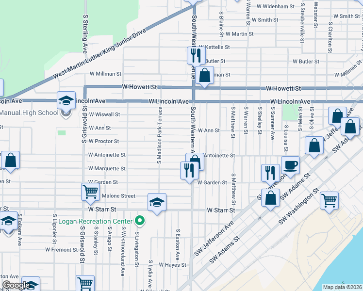 map of restaurants, bars, coffee shops, grocery stores, and more near 1902 West Proctor Street in Peoria