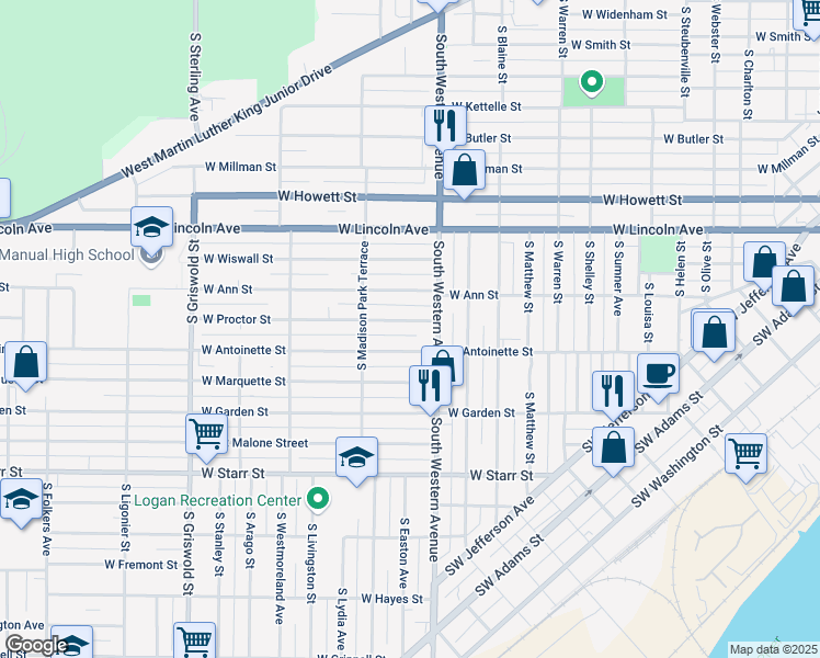 map of restaurants, bars, coffee shops, grocery stores, and more near 1902 West Proctor Street in Peoria