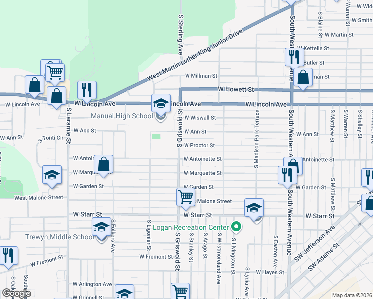 map of restaurants, bars, coffee shops, grocery stores, and more near 2428 West Proctor Street in Peoria