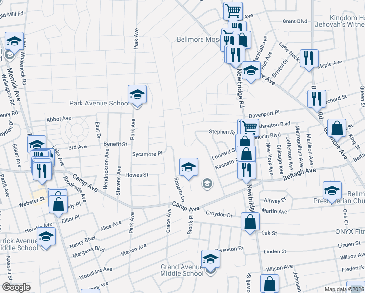 map of restaurants, bars, coffee shops, grocery stores, and more near 1622 Dewey Avenue in North Bellmore