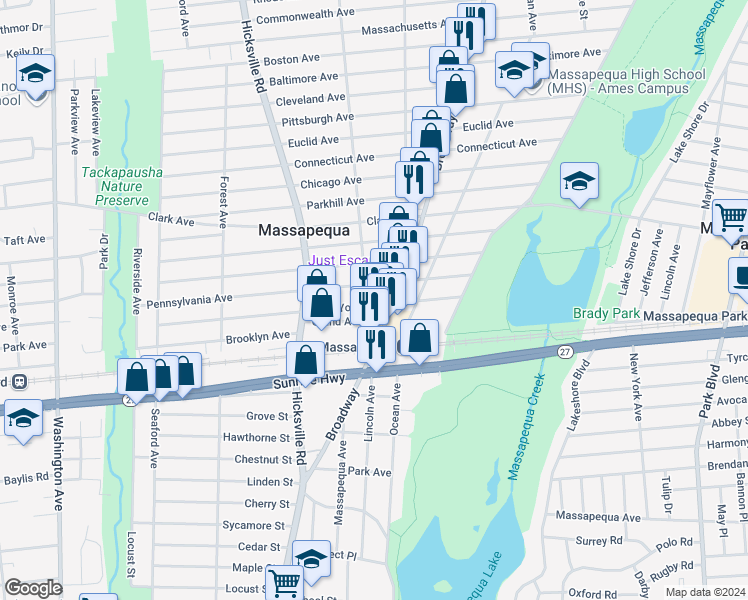 map of restaurants, bars, coffee shops, grocery stores, and more near 524 Central Avenue in Massapequa
