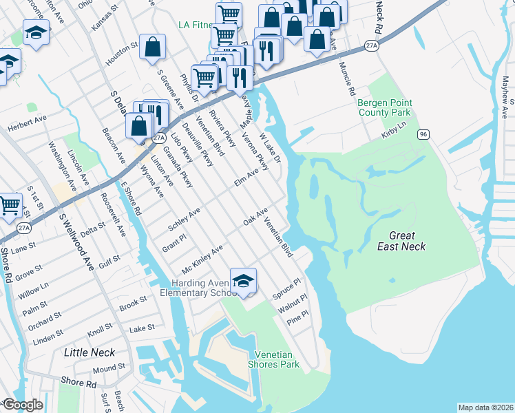 map of restaurants, bars, coffee shops, grocery stores, and more near Venetian Boulevard in Lindenhurst