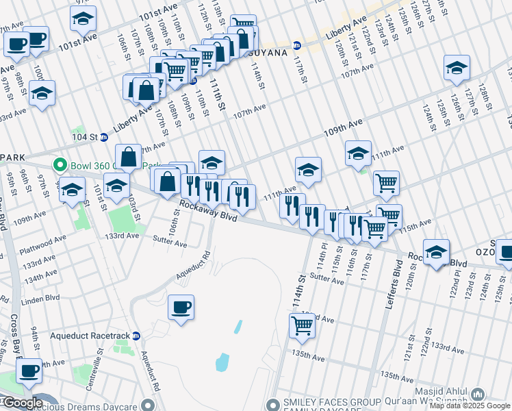 map of restaurants, bars, coffee shops, grocery stores, and more near 109-60 111th Street in Queens