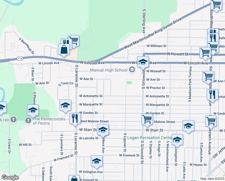 map of restaurants, bars, coffee shops, grocery stores, and more near 930 S Oregon St in Peoria