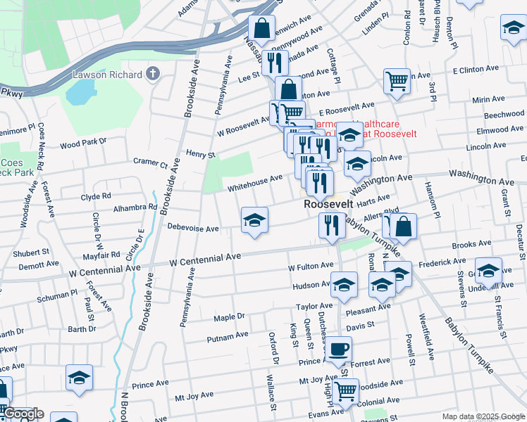 map of restaurants, bars, coffee shops, grocery stores, and more near 97 Woods Avenue in Roosevelt