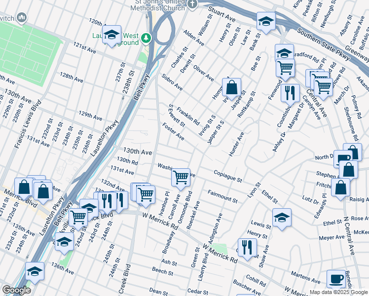 map of restaurants, bars, coffee shops, grocery stores, and more near 57 Cumberland Place in Valley Stream