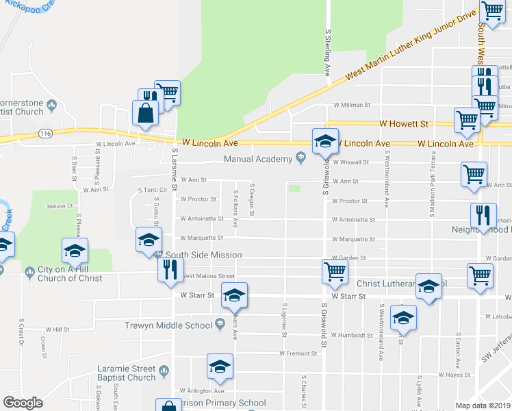 map of restaurants, bars, coffee shops, grocery stores, and more near 930 South Oregon Street in Peoria