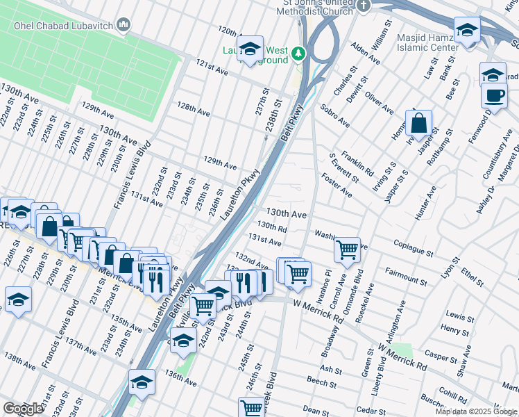 map of restaurants, bars, coffee shops, grocery stores, and more near 130th Ave & Brookville Blvd in Queens
