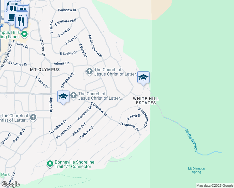 map of restaurants, bars, coffee shops, grocery stores, and more near 4248 Mount Olympus Way in Salt Lake City