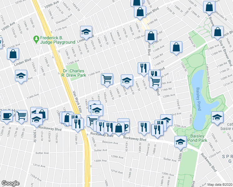 map of restaurants, bars, coffee shops, grocery stores, and more near 117-30 144th Street in Queens