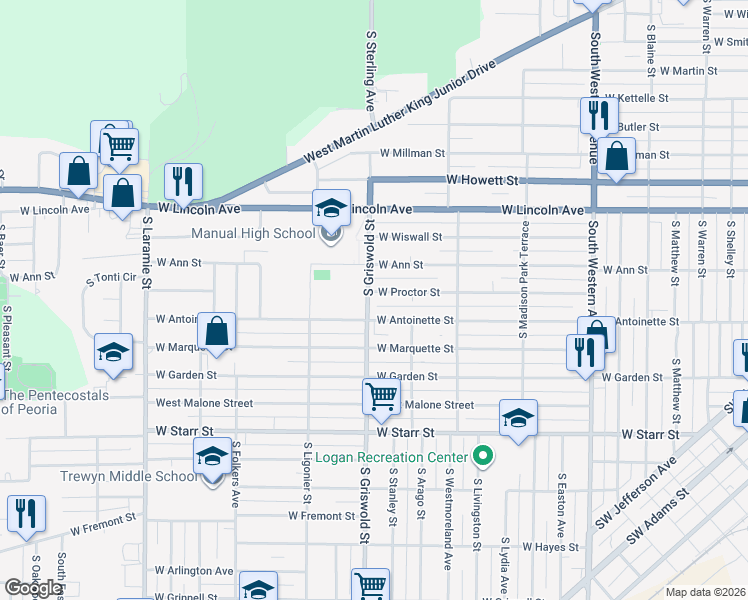 map of restaurants, bars, coffee shops, grocery stores, and more near 2428 West Proctor Street in Peoria