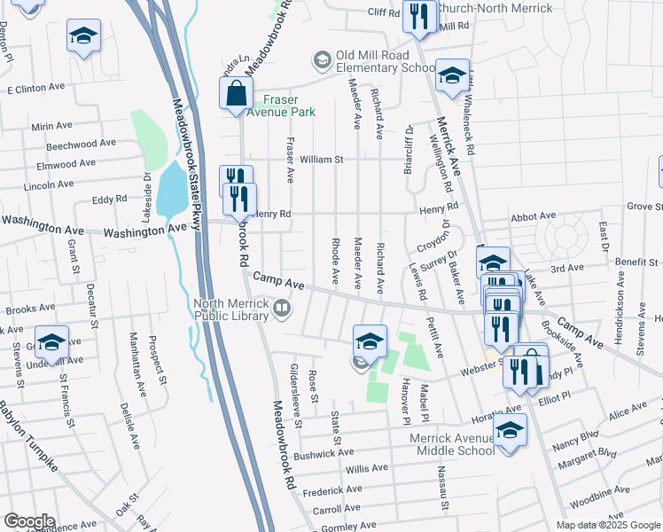 map of restaurants, bars, coffee shops, grocery stores, and more near 15 Rhode Avenue in Merrick