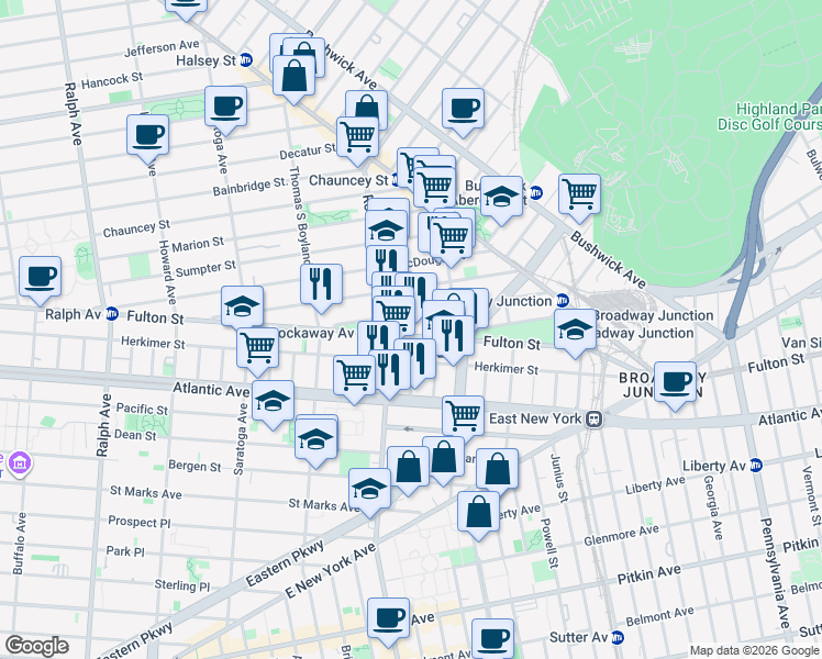 map of restaurants, bars, coffee shops, grocery stores, and more near 2077 Fulton Street in Brooklyn