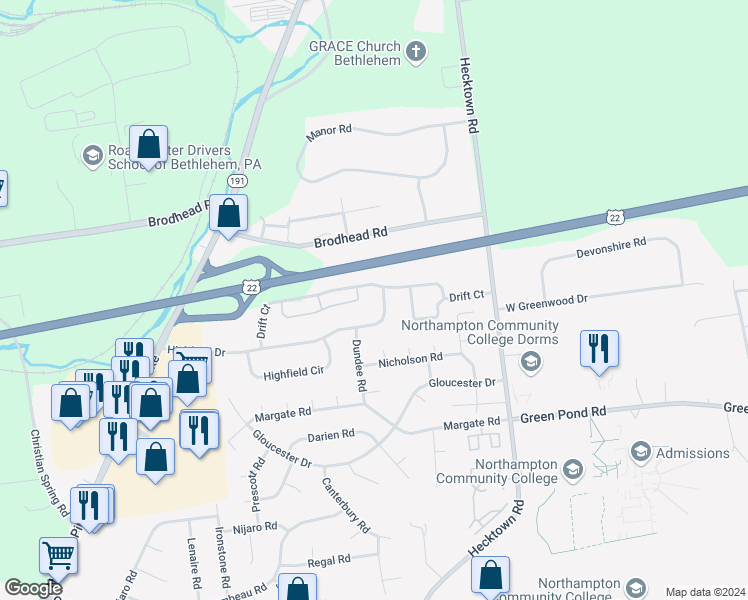 map of restaurants, bars, coffee shops, grocery stores, and more near 1107 Highfield Drive in Bethlehem