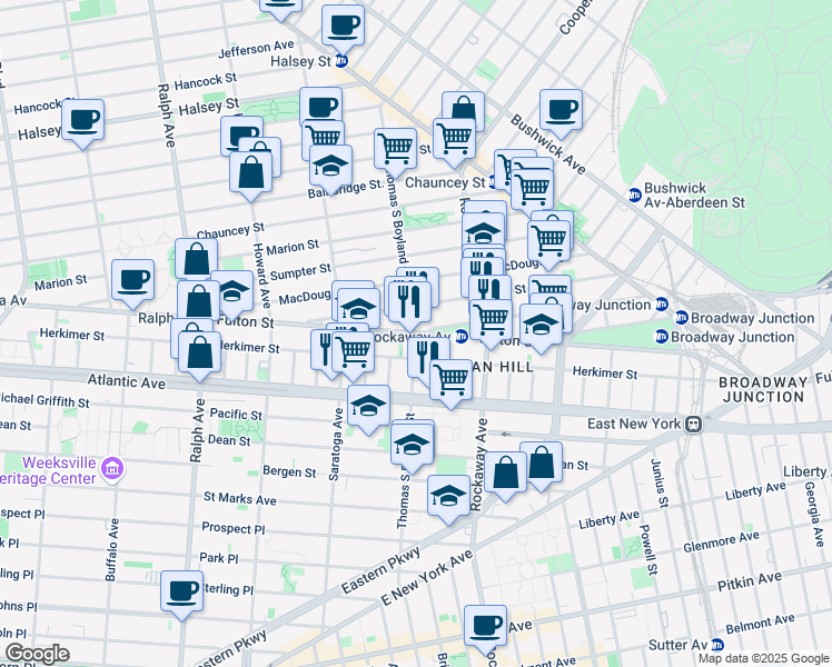 map of restaurants, bars, coffee shops, grocery stores, and more near Fulton St & Thomas S Boyland St in Brooklyn