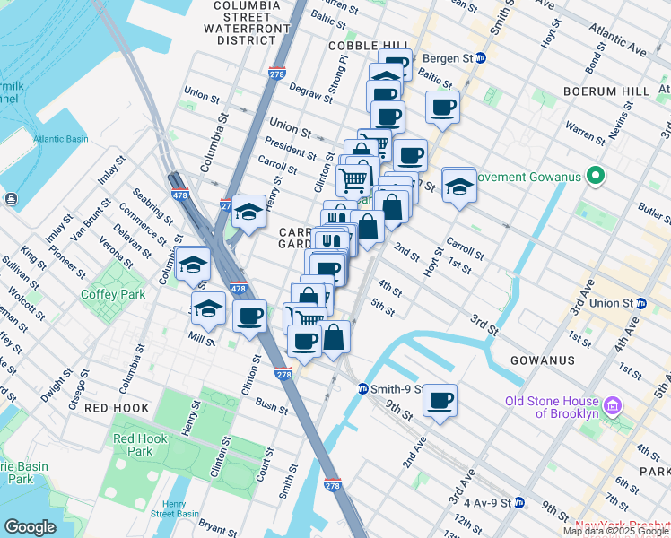 map of restaurants, bars, coffee shops, grocery stores, and more near 333 Court Street in Brooklyn
