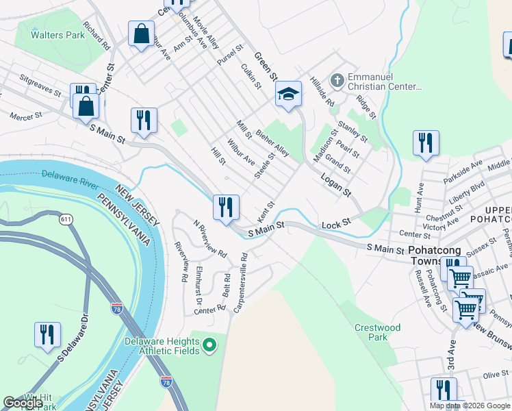 map of restaurants, bars, coffee shops, grocery stores, and more near 1021 Bank Street in Phillipsburg