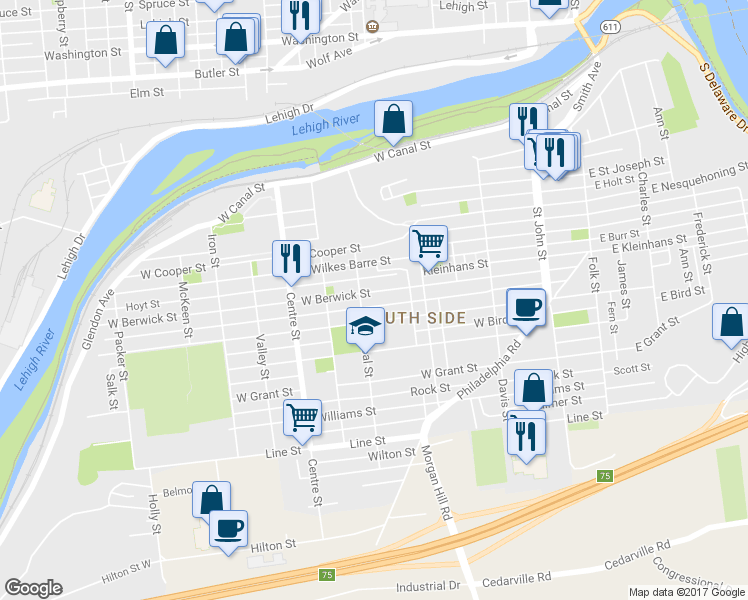map of restaurants, bars, coffee shops, grocery stores, and more near 474 West Berwick Street in Easton