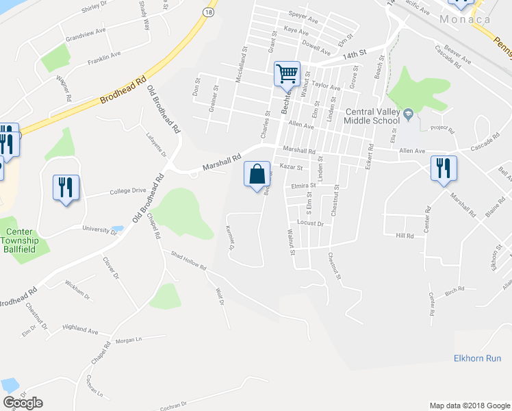 map of restaurants, bars, coffee shops, grocery stores, and more near 1328 Bechtel St in Monaca