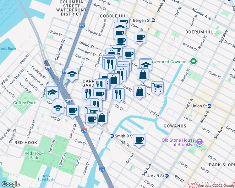 map of restaurants, bars, coffee shops, grocery stores, and more near 123 3rd Place in Brooklyn