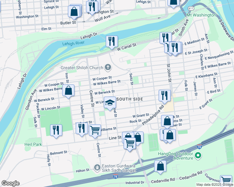 map of restaurants, bars, coffee shops, grocery stores, and more near 480 West Berwick Street in Easton