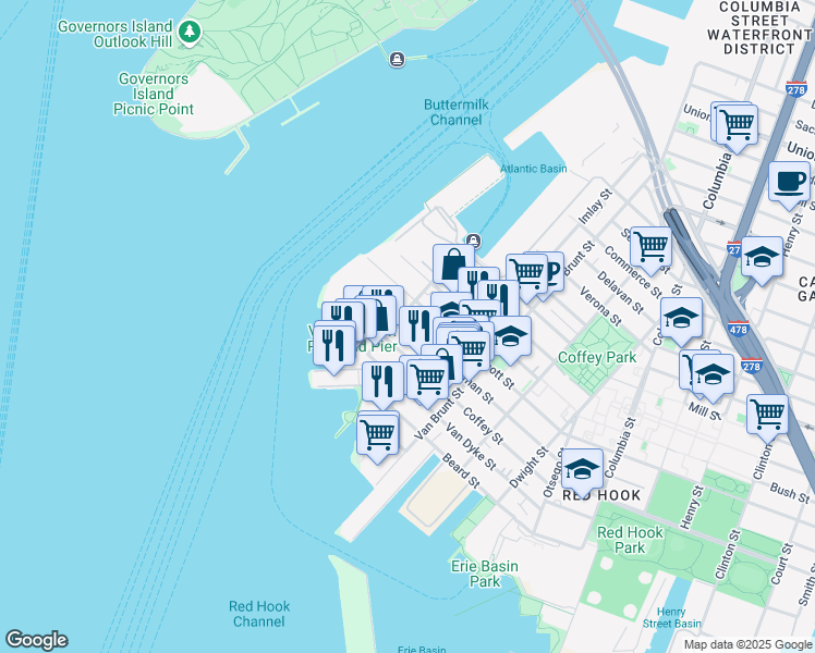 map of restaurants, bars, coffee shops, grocery stores, and more near 181 Dikeman Street in Brooklyn