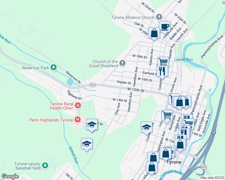 map of restaurants, bars, coffee shops, grocery stores, and more near 725 W 15th St in Tyrone