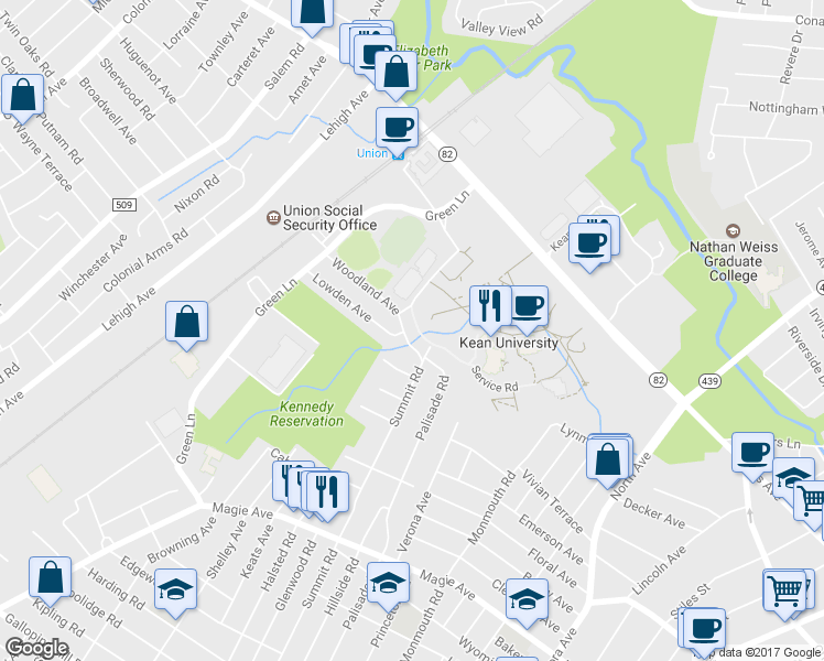 map of restaurants, bars, coffee shops, grocery stores, and more near 929 Woodland Ave in Union