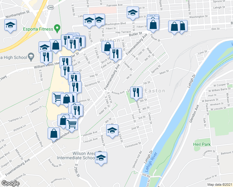 map of restaurants, bars, coffee shops, grocery stores, and more near 540 Avona Avenue in Easton