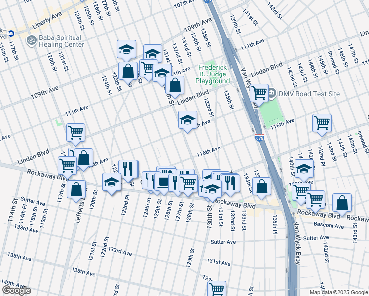 map of restaurants, bars, coffee shops, grocery stores, and more near 115-34 130th Street in Queens