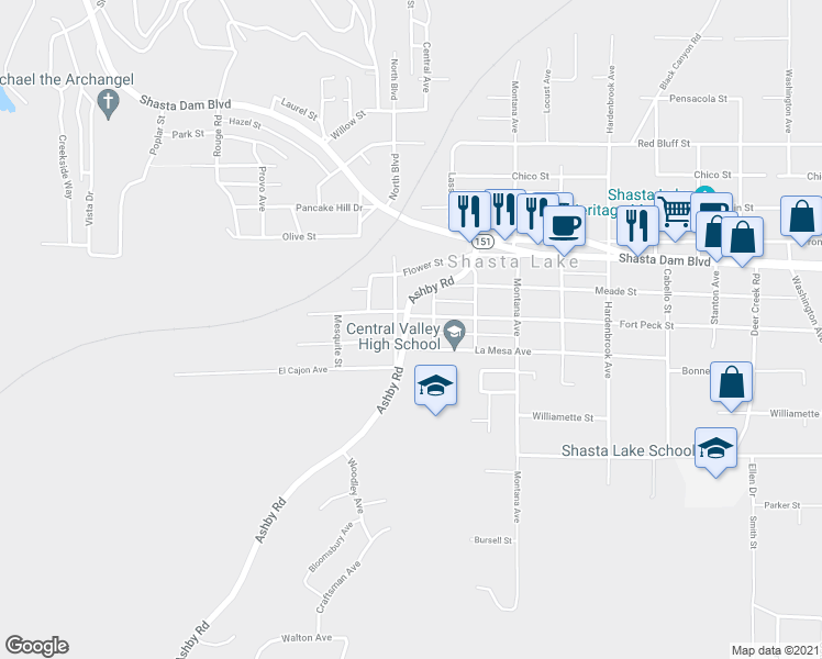 map of restaurants, bars, coffee shops, grocery stores, and more near 1855 Ashby Road in Shasta Lake