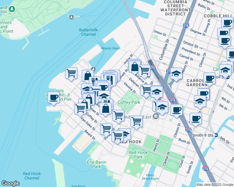 map of restaurants, bars, coffee shops, grocery stores, and more near 104 Pioneer Street in Brooklyn