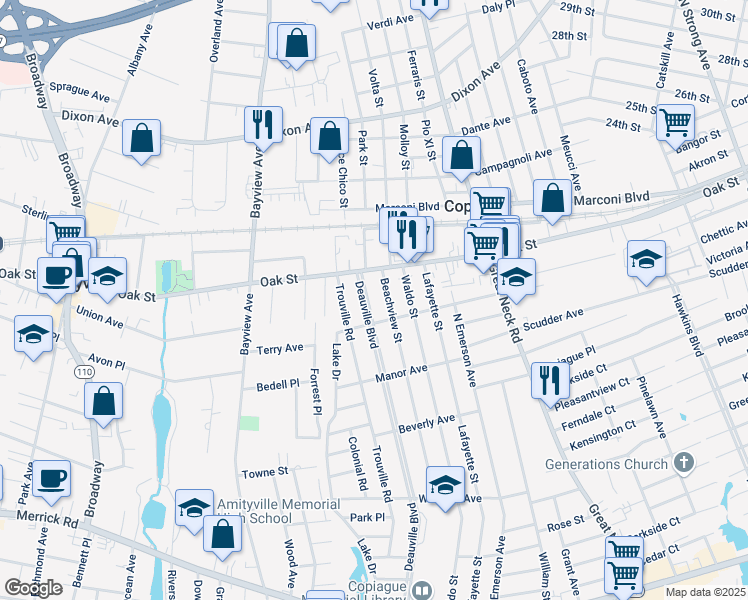 map of restaurants, bars, coffee shops, grocery stores, and more near 365 Beachview Street in Copiague