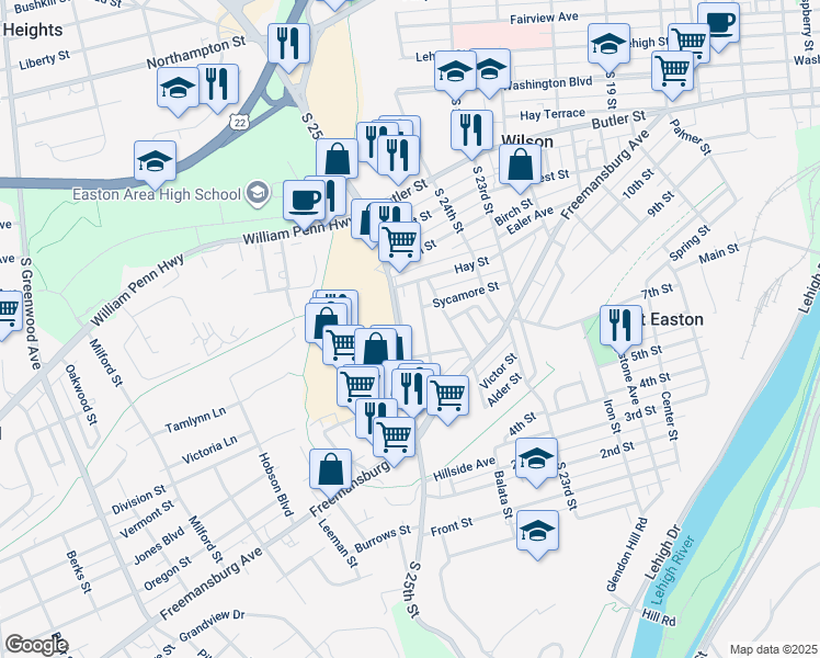 map of restaurants, bars, coffee shops, grocery stores, and more near 829 Miller Street in Easton
