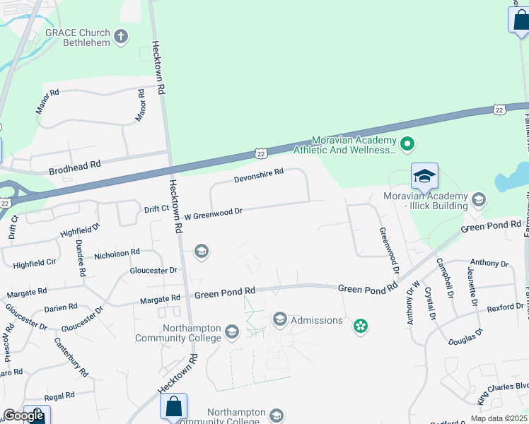 map of restaurants, bars, coffee shops, grocery stores, and more near 3926 West Greenwood Drive in Bethlehem