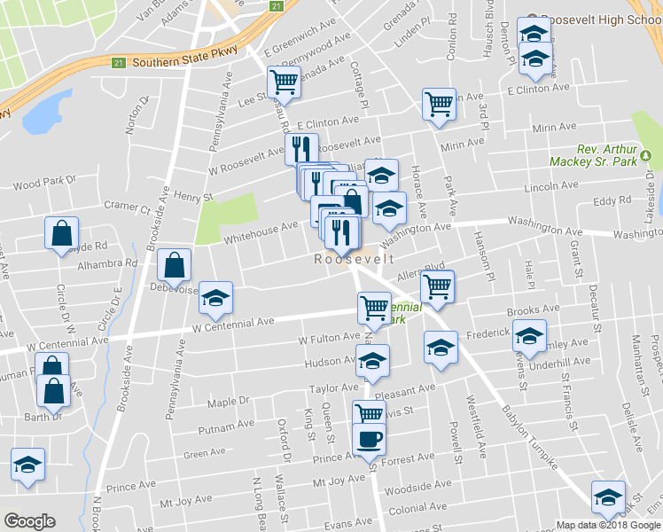 map of restaurants, bars, coffee shops, grocery stores, and more near 10 Gilbert Place in Roosevelt