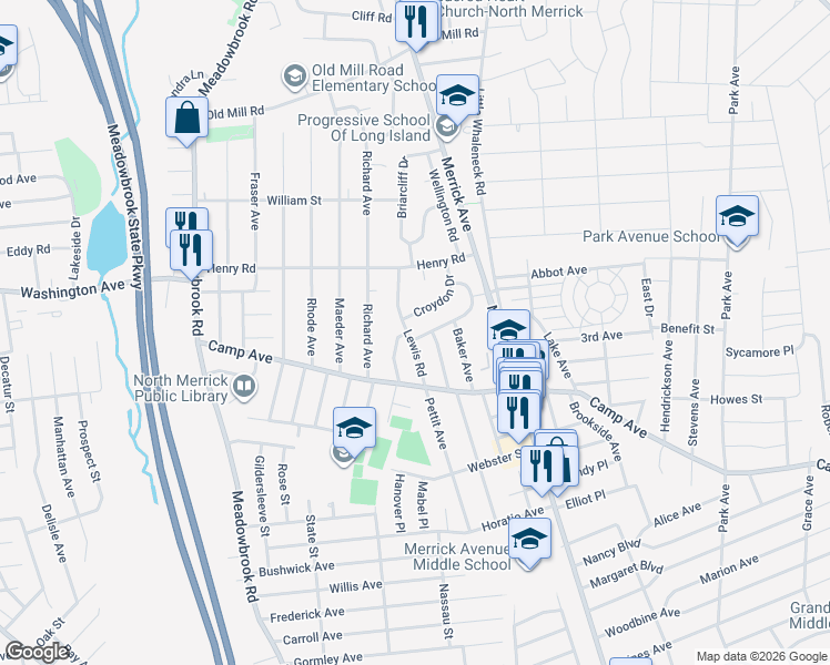 map of restaurants, bars, coffee shops, grocery stores, and more near 3 Surrey Drive in North Merrick
