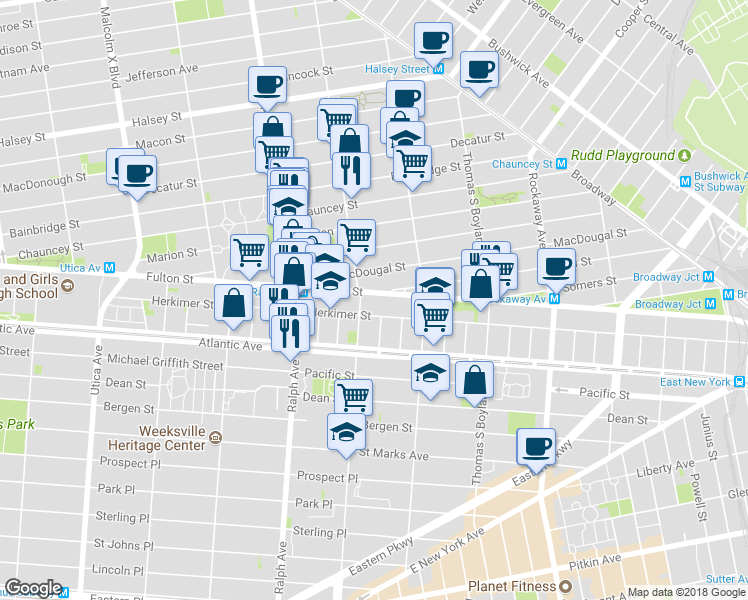 map of restaurants, bars, coffee shops, grocery stores, and more near 1994 Fulton Street in Brooklyn