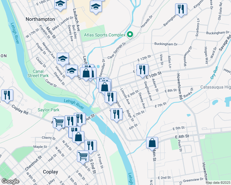 map of restaurants, bars, coffee shops, grocery stores, and more near 947 Washington Avenue in Northampton