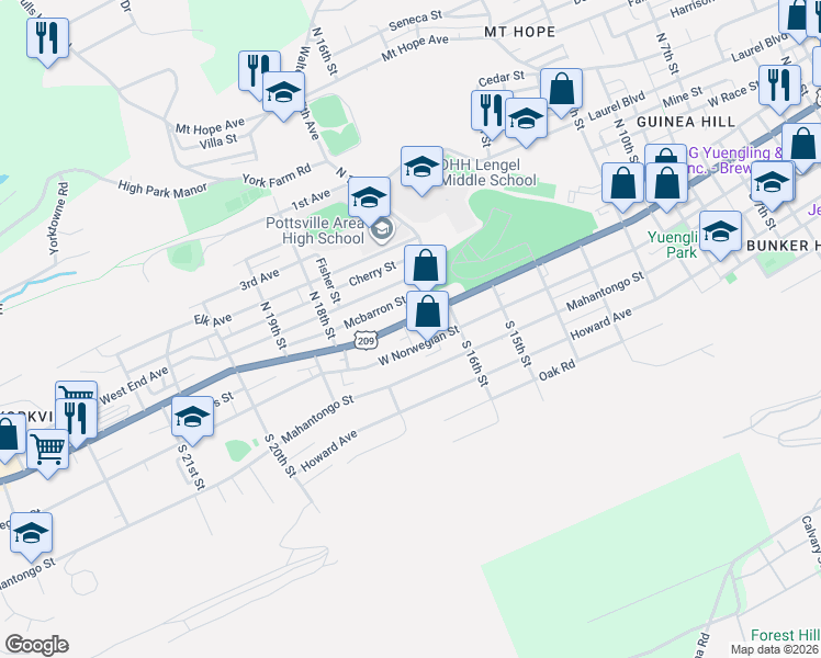 map of restaurants, bars, coffee shops, grocery stores, and more near 1705 West Market Street in Pottsville