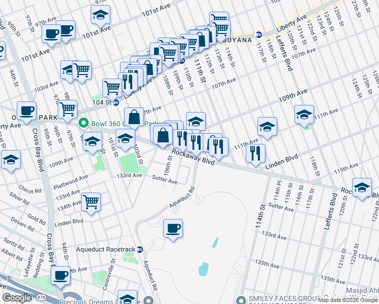 map of restaurants, bars, coffee shops, grocery stores, and more near 107-15 Rockaway Boulevard in Queens
