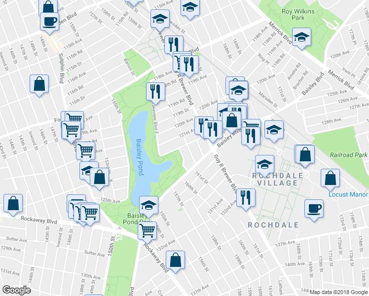 map of restaurants, bars, coffee shops, grocery stores, and more near 160-72 122nd Avenue in Queens