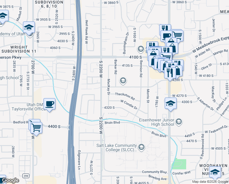 map of restaurants, bars, coffee shops, grocery stores, and more near 2100 Theckston Road in Salt Lake City