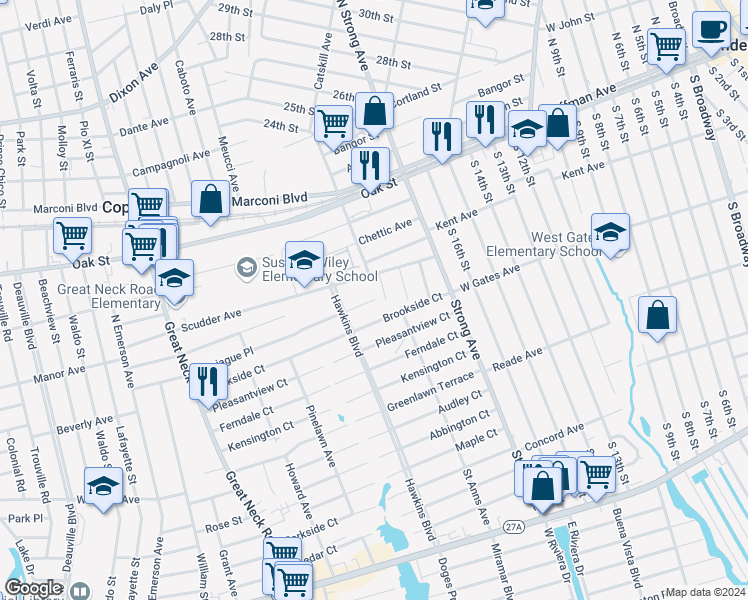 map of restaurants, bars, coffee shops, grocery stores, and more near 360 Copiague Place in Copiague