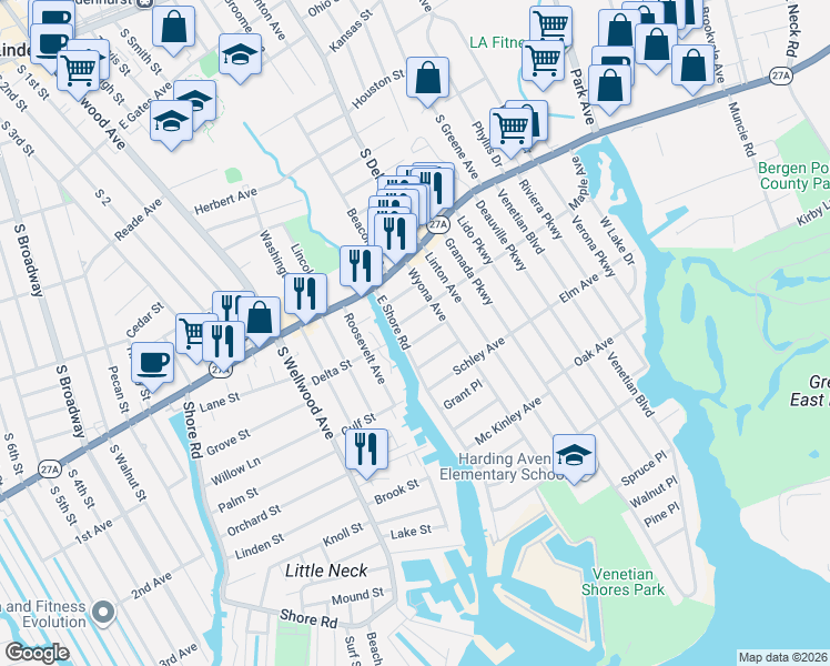 map of restaurants, bars, coffee shops, grocery stores, and more near 23 Dewey Place in Lindenhurst