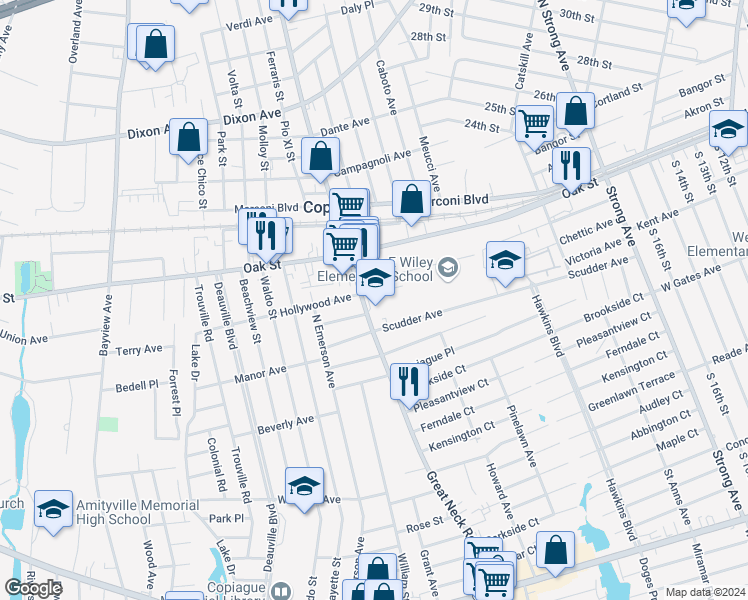 map of restaurants, bars, coffee shops, grocery stores, and more near 1400 Great Neck Road in Copiague